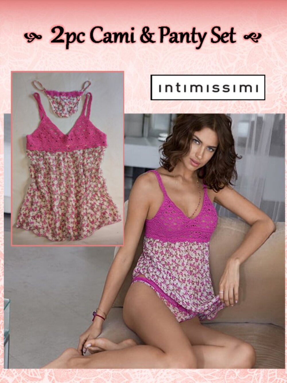2pc Set Intimissimi Crochet Floral Cami Top and Matching Panty, Purple